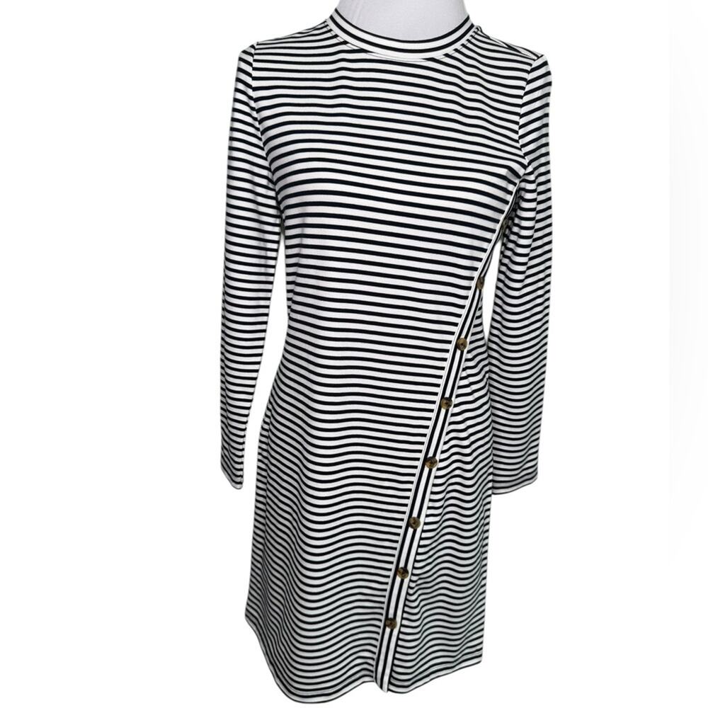 Loft Striped Side Button Long Sleeve Mini Dress Size Small Petite (SP) - Picture 2 of 11